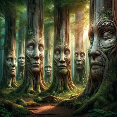 The primary subject of the image is a series of tree sculptures, each featuring a carved face. The sculptures are arranged in a row, with some of them appearing to be looking at each other. The setting is a forest, with trees surrounding the sculptures. The visual style is a combination of digital art and illustration, creating a unique and intriguing scene. The colors and mood of the image are predominantly earthy tones, giving the scene a sense of tranquility and connection to nature.